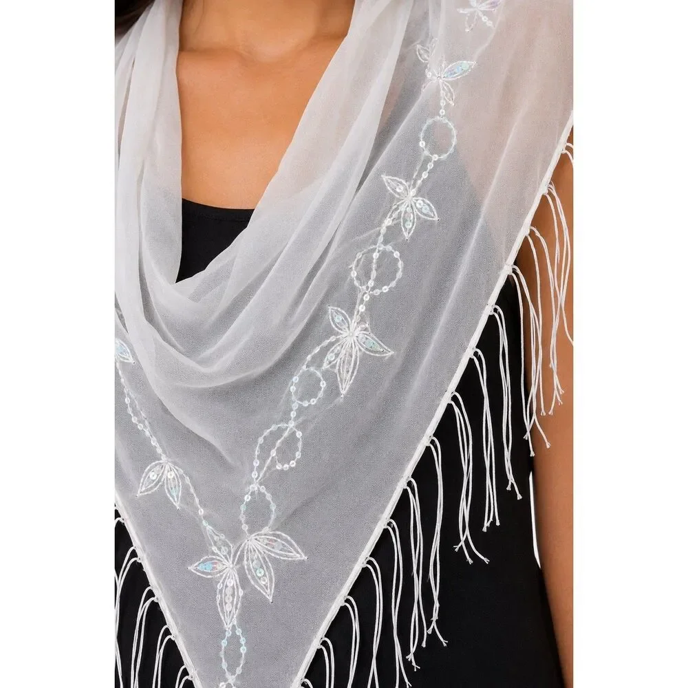 NWT Deb White Embroidered Sequin Fringe Triangle Scarf OS